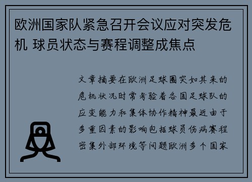 欧洲国家队紧急召开会议应对突发危机 球员状态与赛程调整成焦点