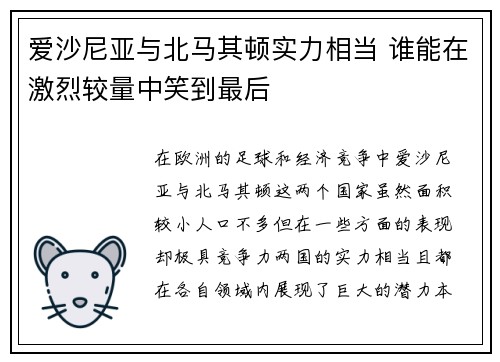 爱沙尼亚与北马其顿实力相当 谁能在激烈较量中笑到最后