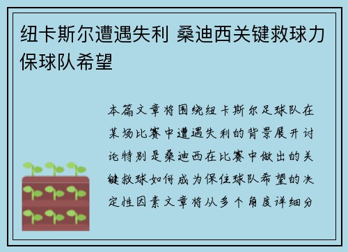 纽卡斯尔遭遇失利 桑迪西关键救球力保球队希望