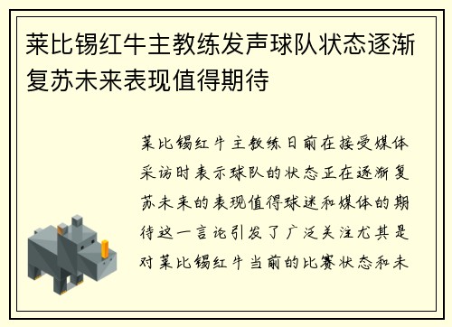 莱比锡红牛主教练发声球队状态逐渐复苏未来表现值得期待