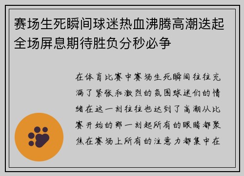 赛场生死瞬间球迷热血沸腾高潮迭起全场屏息期待胜负分秒必争
