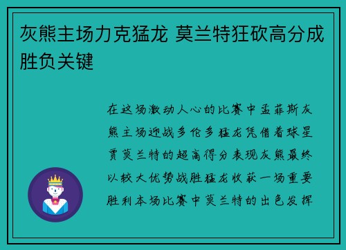 灰熊主场力克猛龙 莫兰特狂砍高分成胜负关键