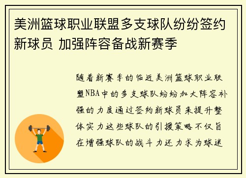 美洲篮球职业联盟多支球队纷纷签约新球员 加强阵容备战新赛季