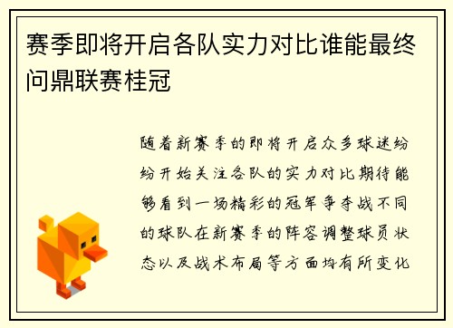 赛季即将开启各队实力对比谁能最终问鼎联赛桂冠