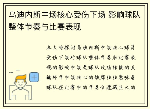 乌迪内斯中场核心受伤下场 影响球队整体节奏与比赛表现