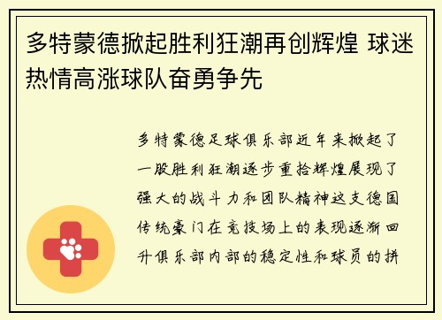 多特蒙德掀起胜利狂潮再创辉煌 球迷热情高涨球队奋勇争先