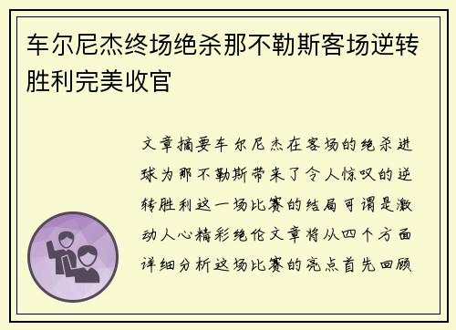 车尔尼杰终场绝杀那不勒斯客场逆转胜利完美收官